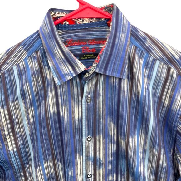 Luchiano Visconti Black Blue Stripe Red Floral Button Down Dress Shirt Men L - Picture 3 of 7
